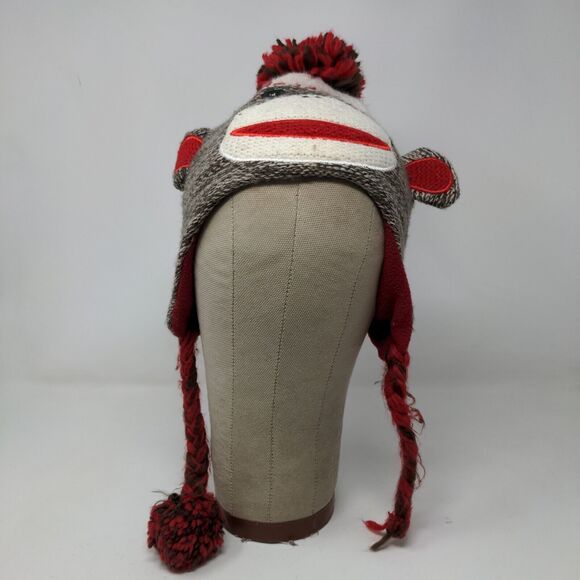 Toffee Apple Boys Sock Monkey Beanie Hat Gray Red 2013 Ear Flaps - Picture 2 of 11